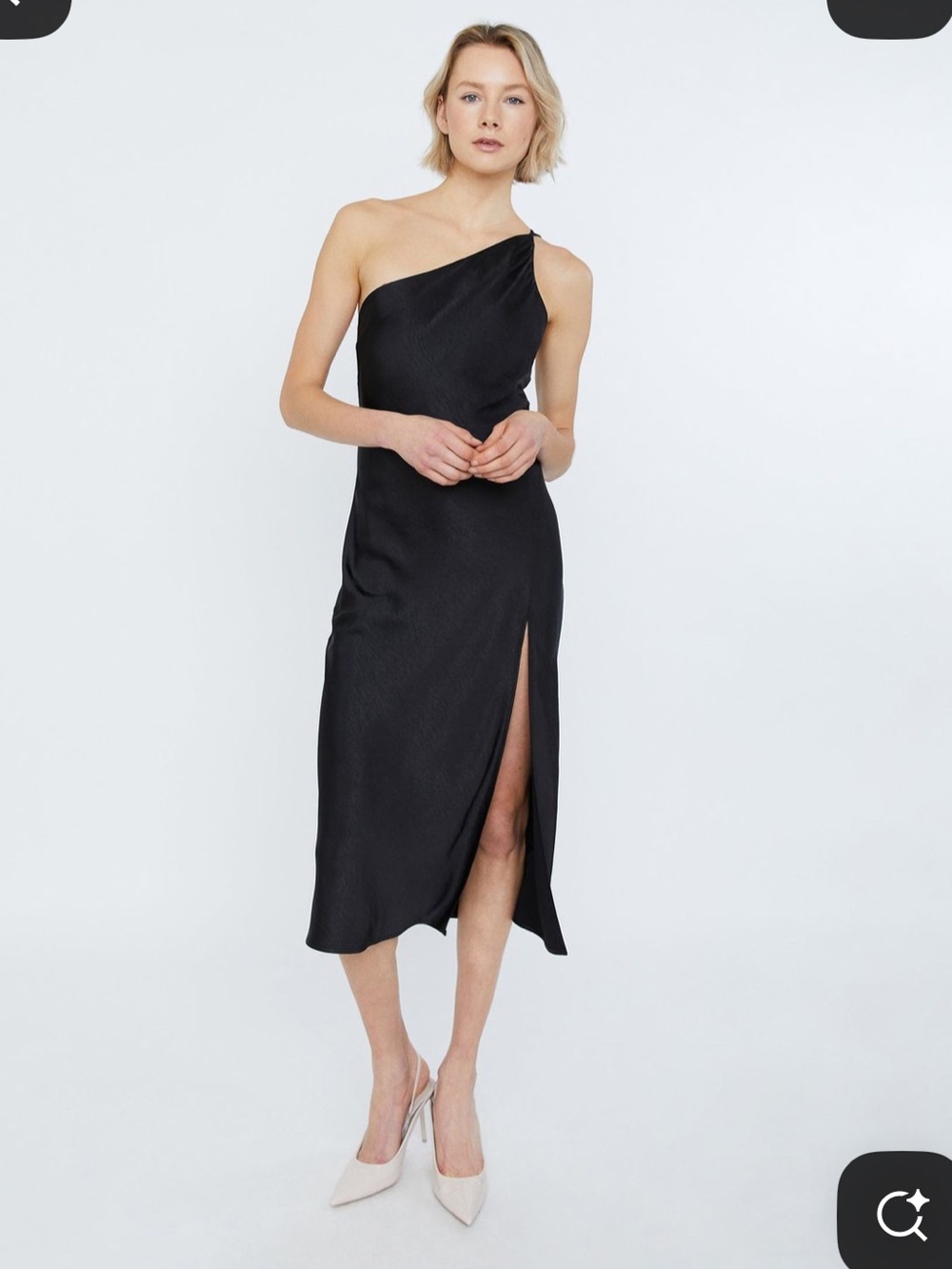 Satin Larissa One-Shoulder Black Midi Dress with Side Slit